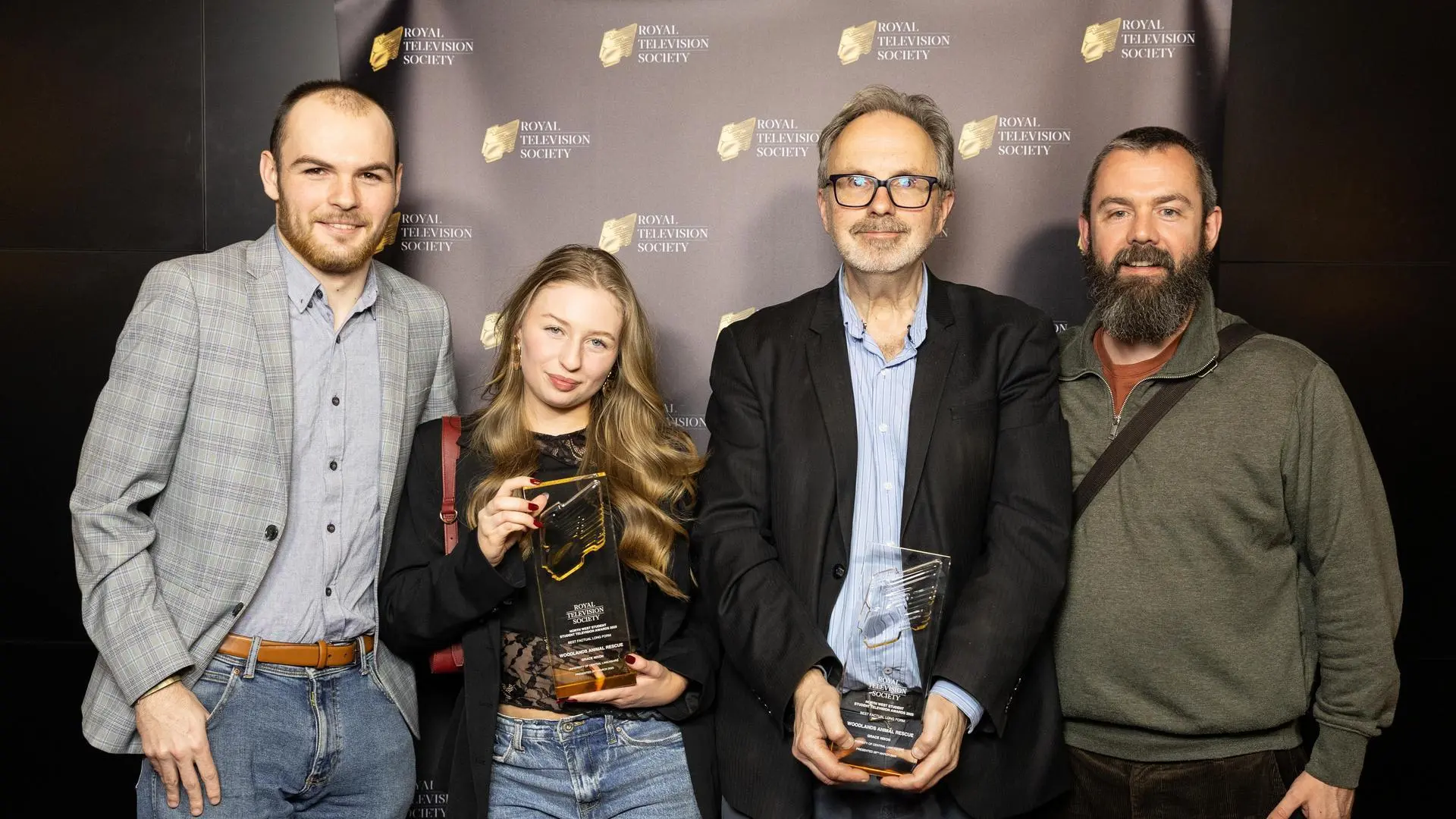 Owen, Grace, Rob and Jonathan at the Royal Television Society North West Student Awards 2025. Grace is holding her award.
