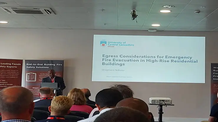Co-PI Shephard Ndlovu as a keynote speaker at the Tall Buildings Fire Safety Conference 2022.
