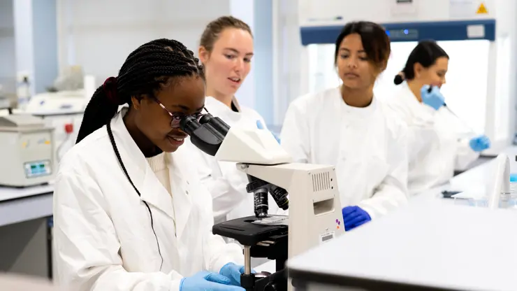 A science student looks into a microscope.