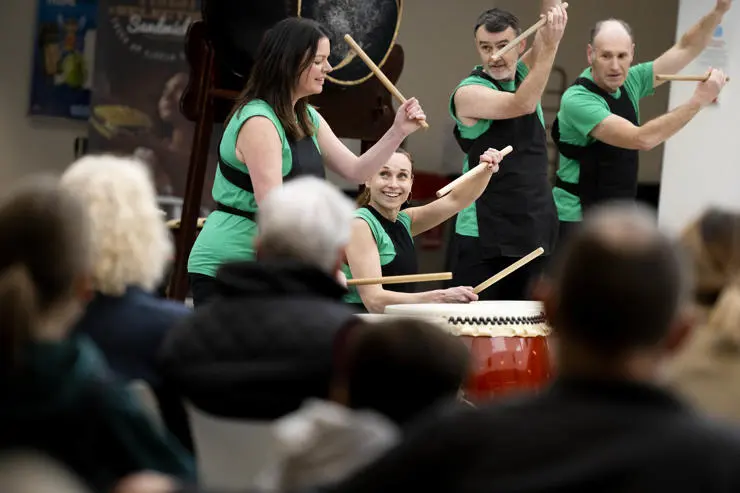 Students demonstrate Taiko Drumming